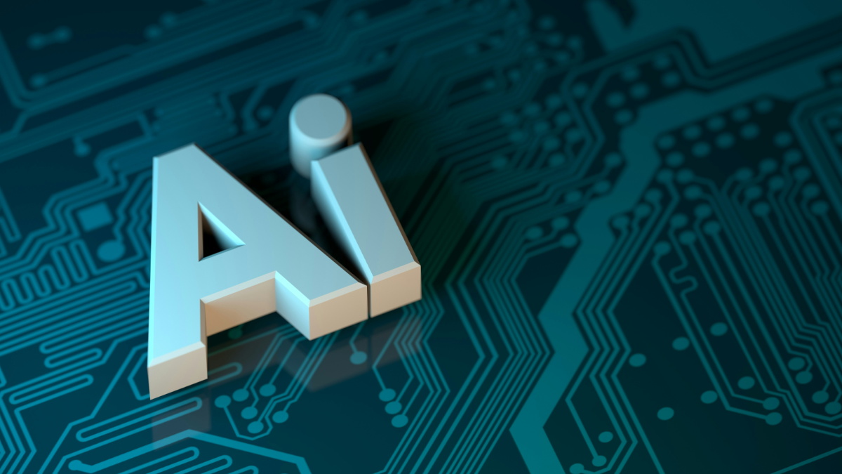 Three-dimensional AI lettering standing on a printed circuit board