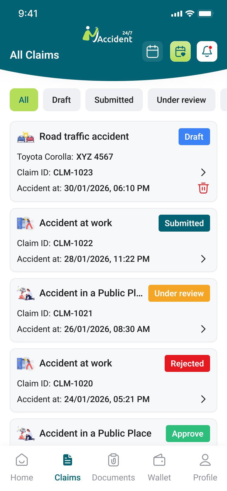 My Claims screen showing claim status tracking