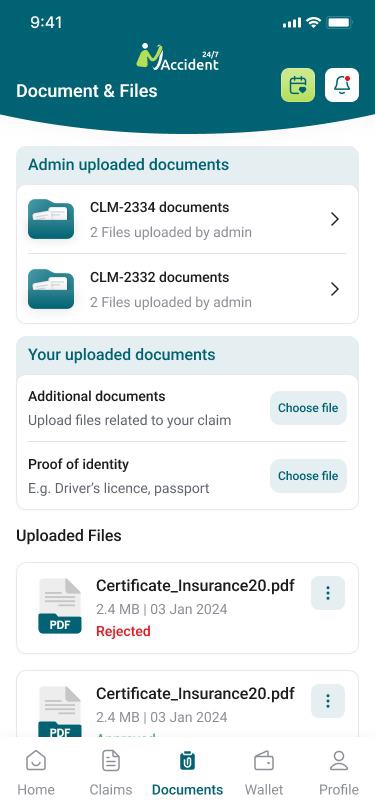 Document management screen with admin uploaded documents