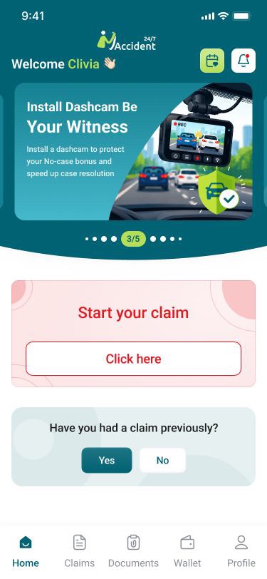 My Accident 24/7 claimant app home screen