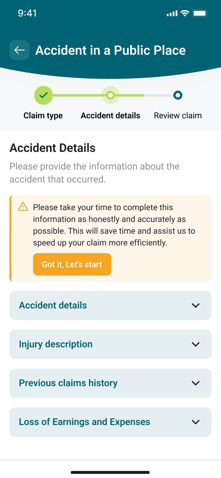 Multi-step accident reporting flow for a public place accident