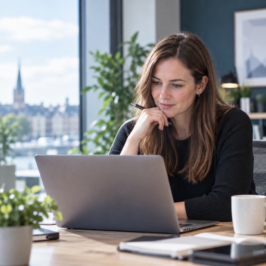 Employee completing a Positive Peer Recognition survey on a laptop