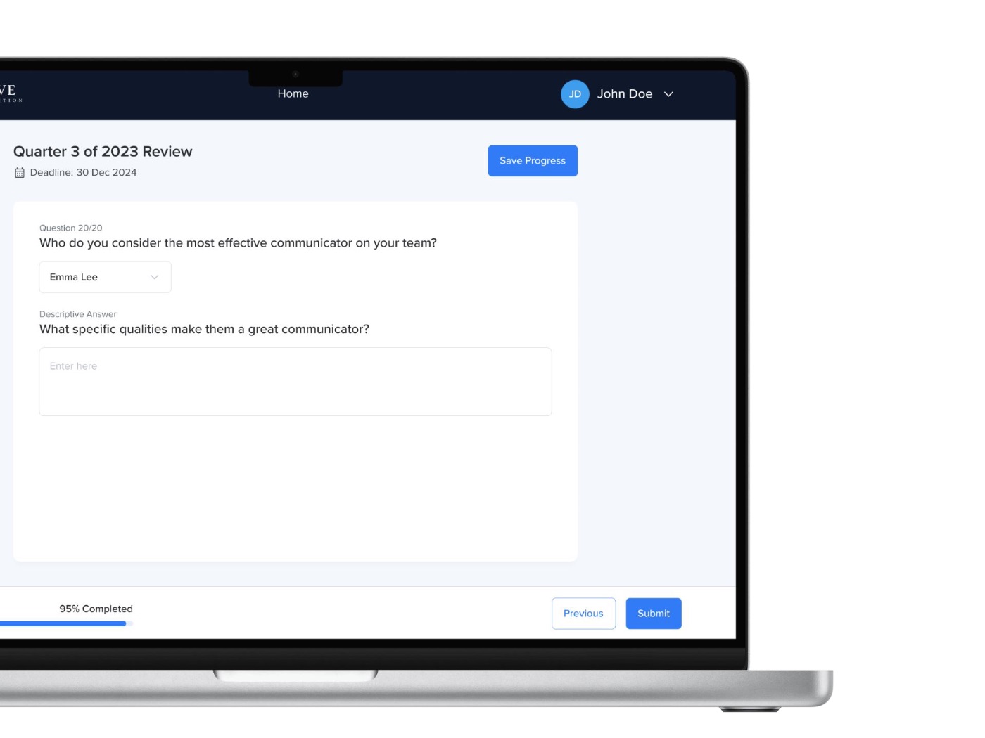Employee survey with a one-question-at-a-time peer selection flow