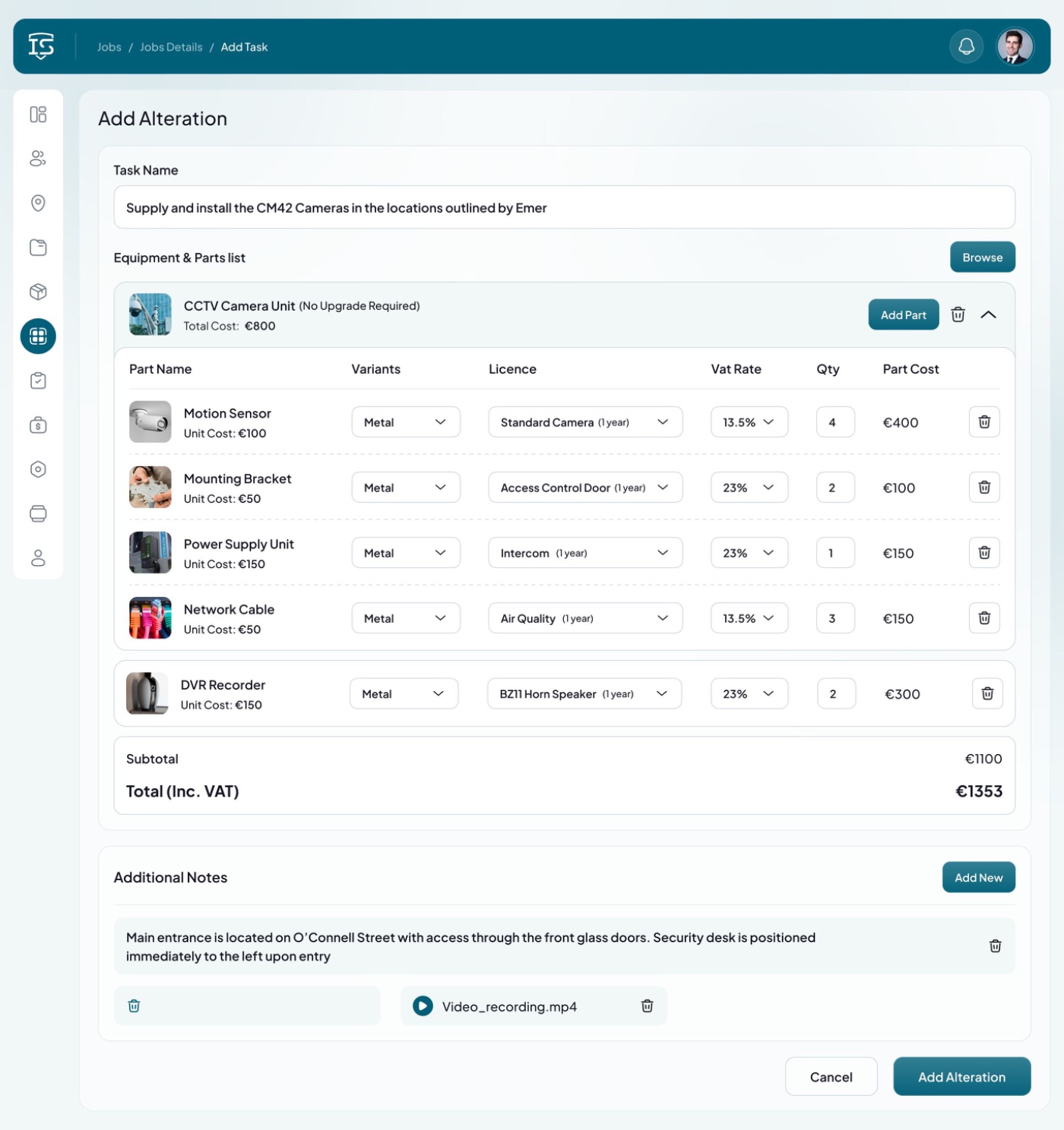 Pulse jobs module with task list, linked parts and cost estimation