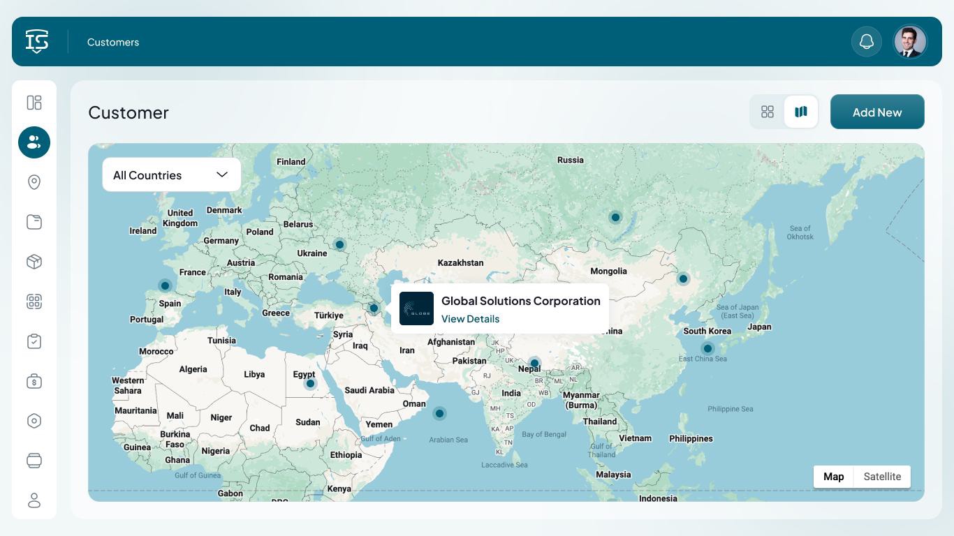 Pulse customer location map view with geographic search