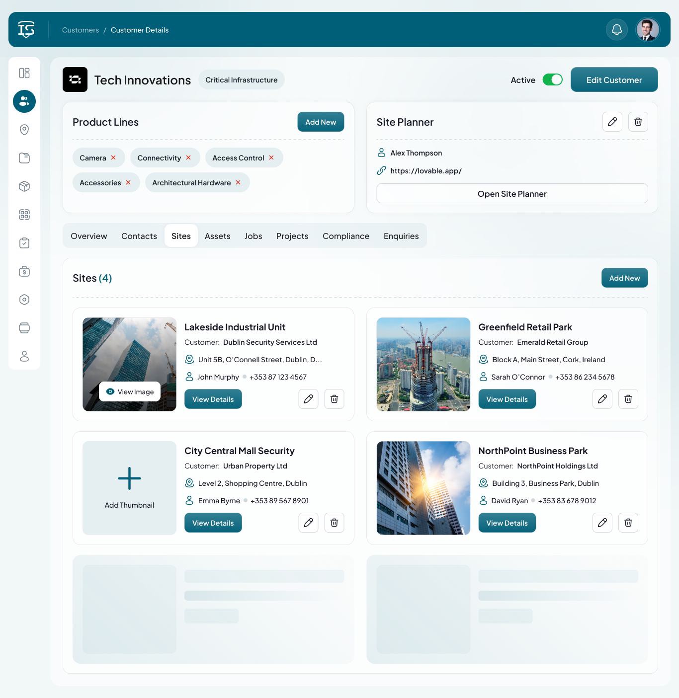 Pulse sites module with per-customer site records and media